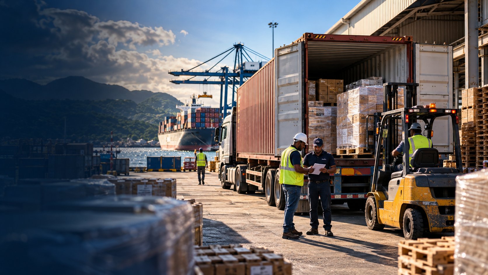 Chargement et contrôle d'une opération d'import de marchandises sur quai